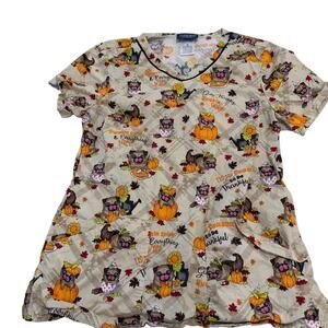 Cherokee Thanksgiving scrub top sz M pug puppy pumpkin spice Thankful festive